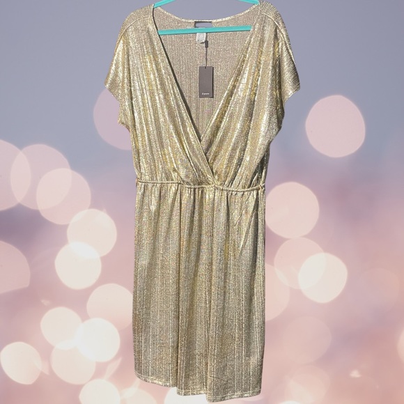 ESPRESSO | 3X | Gold Faux Wrap Cocktail Party Dress NWT - Picture 2 of 5
